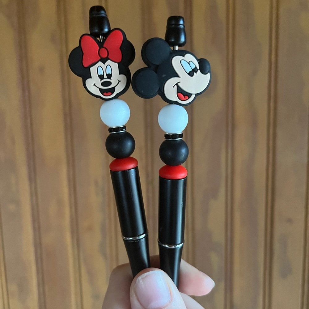 Disney Mickey and Minnie Black BallPoint Beaded Pens 2PC Set